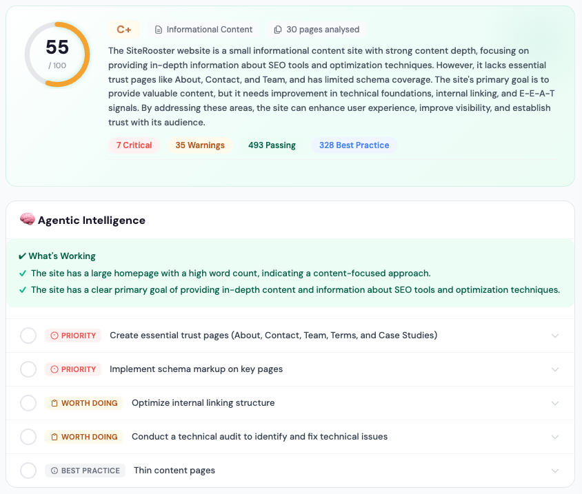 Page grade, AI summary, and priority actions for a single URL